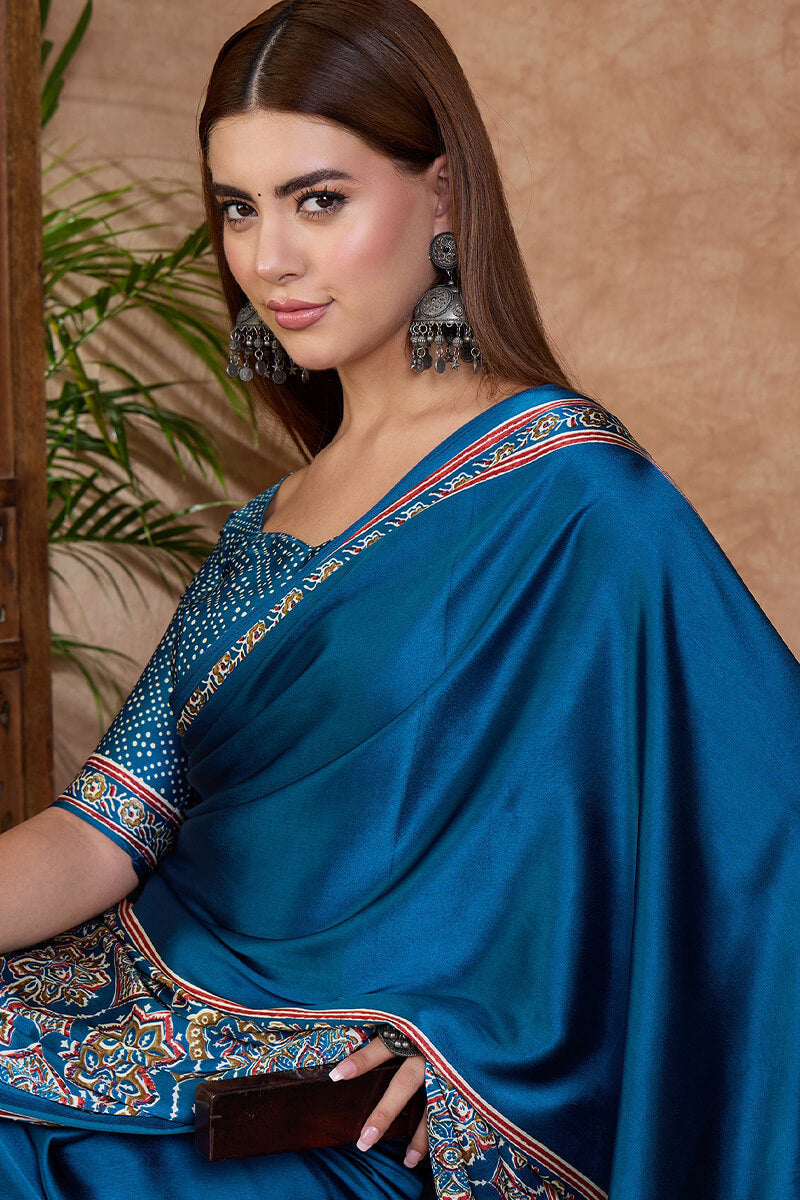 Delectable Rama Ajrakh Printed Semi Modal Silk Saree With Classic Blouse Piece