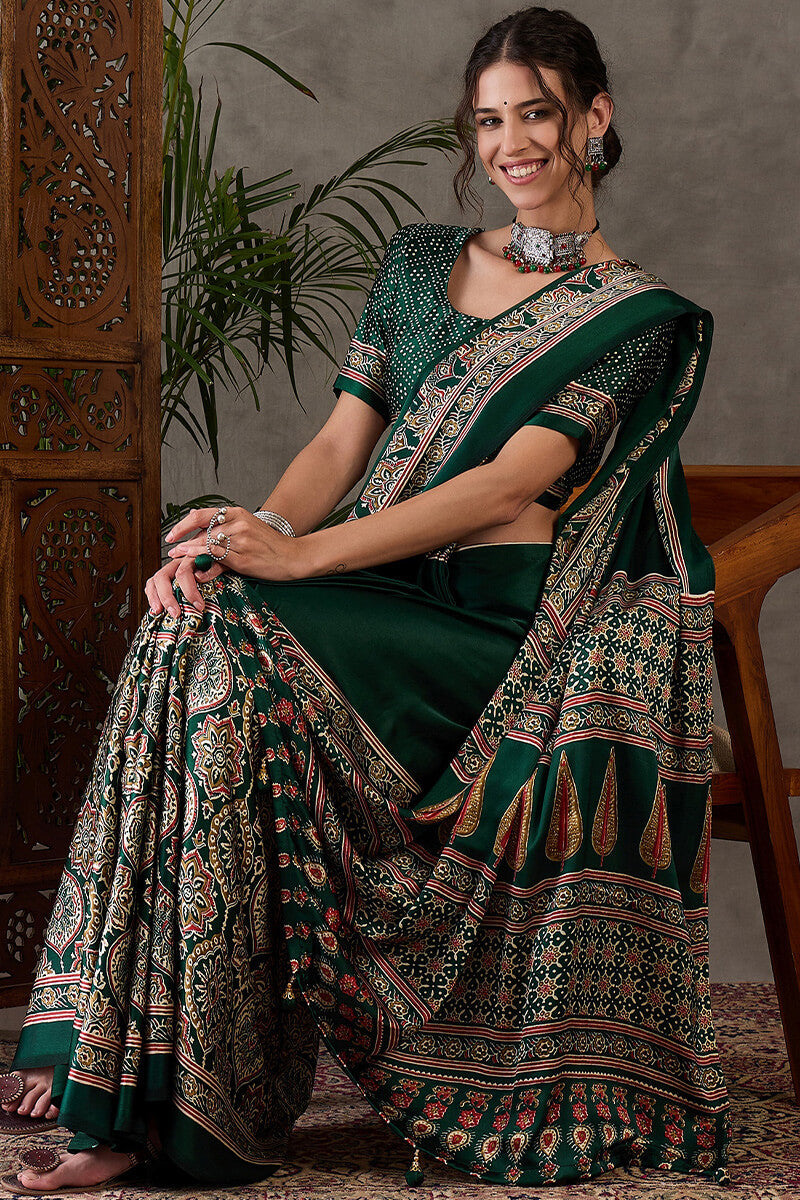 Most Stunning Dark Green Ajrakh Printed Semi Modal Silk Saree With Opulent Blouse Piece