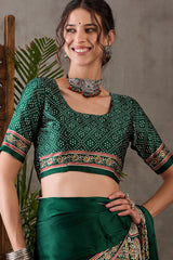 Most Stunning Dark Green Ajrakh Printed Semi Modal Silk Saree With Opulent Blouse Piece