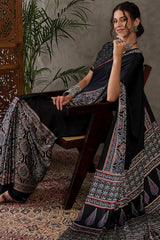 Prettiest Black Ajrakh Printed Semi Modal Silk Saree With Allure Blouse Piece