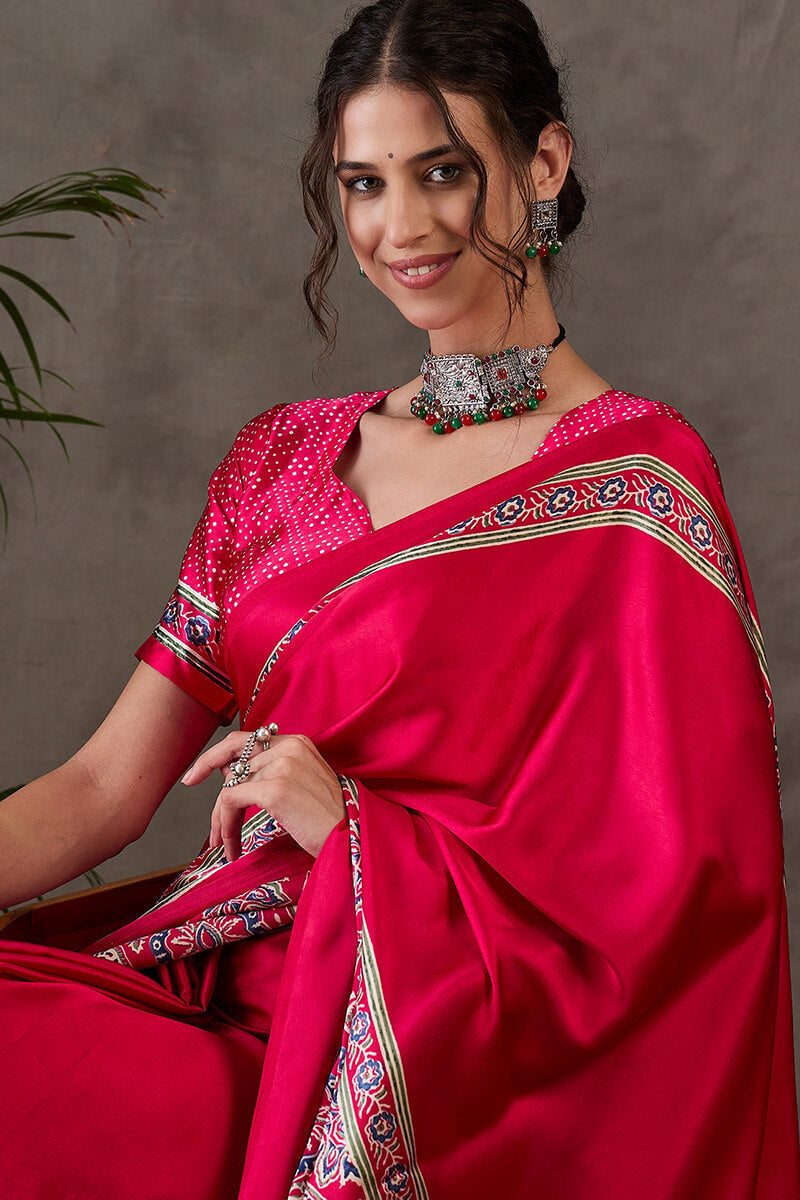 Magnetic Dark Pink Ajrakh Printed Semi Modal Silk Saree With Classy Blouse Piece