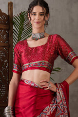 Enchanting Maroon Ajrakh Printed Semi Modal Silk Saree With Lassitude Blouse Piece