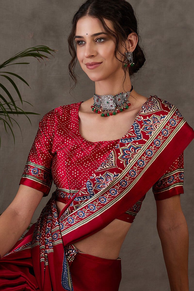 Enchanting Maroon Ajrakh Printed Semi Modal Silk Saree With Lassitude Blouse Piece