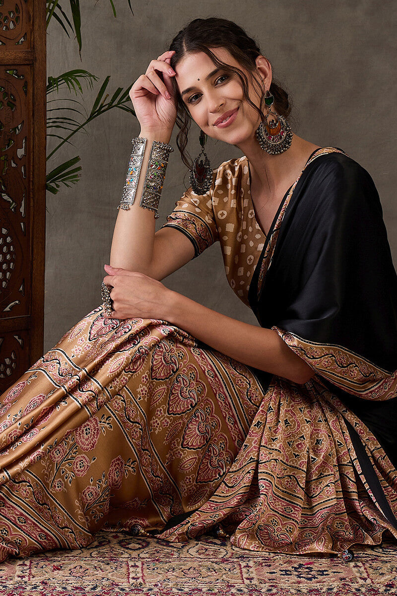 Scintilla Black Ajrakh Printed Semi Modal Silk Saree With Splendiferous Blouse Piece