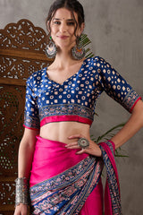 Murmurous Dark Pink Ajrakh Printed Semi Modal Silk Saree With Ephemeral Blouse Piece