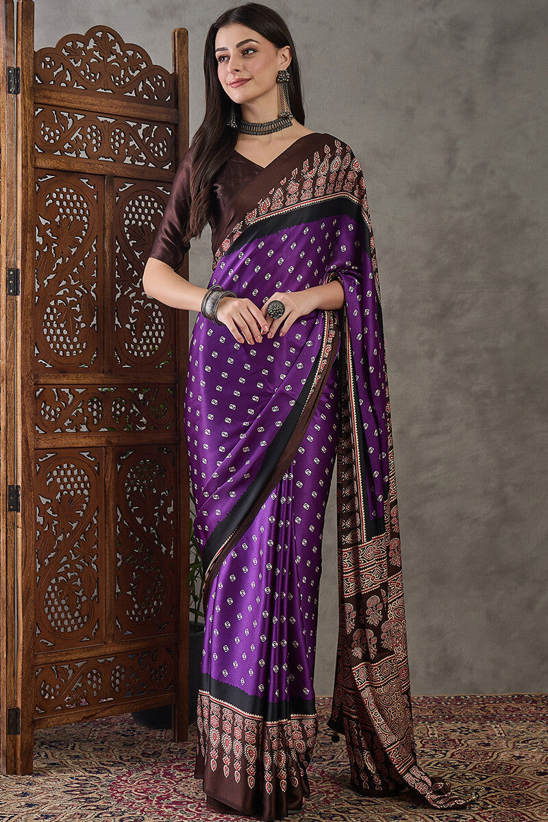 Rhapsody Royal Purple Ajrakh Printed Semi Modal Silk Saree With Proficient Blouse Piece
