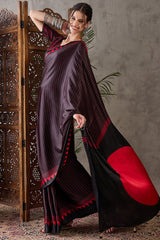 Diaphanous Black Ajrakh Printed Semi Modal Silk Saree With Majestic Blouse Piece