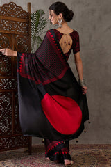 Diaphanous Black Ajrakh Printed Semi Modal Silk Saree With Majestic Blouse Piece