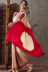 Ratatouille Beige Ajrakh Printed Semi Modal Silk Saree With Lissome Blouse Piece