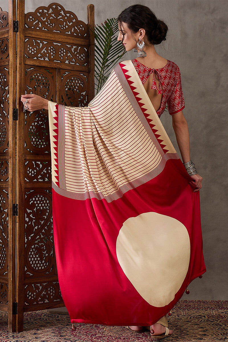 Ratatouille Beige Ajrakh Printed Semi Modal Silk Saree With Lissome Blouse Piece