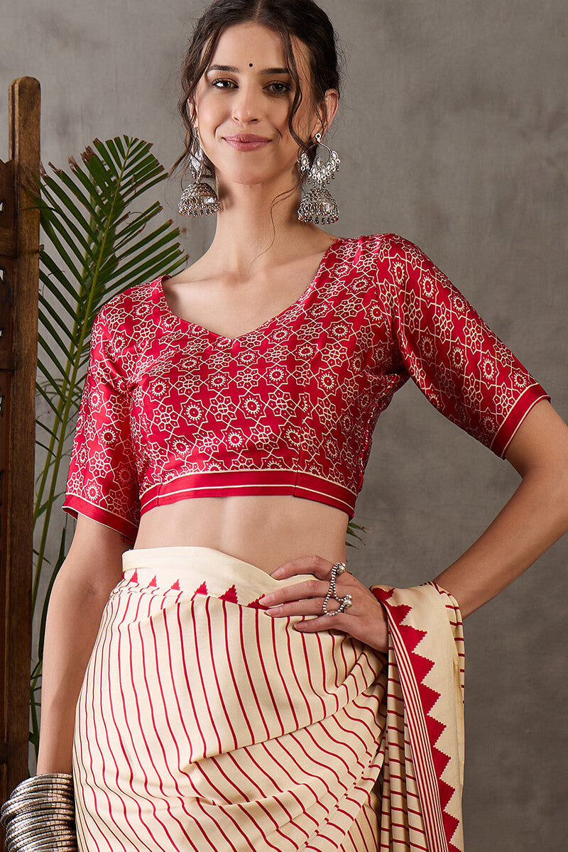 Ratatouille Beige Ajrakh Printed Semi Modal Silk Saree With Lissome Blouse Piece