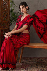 Ornate Red Ajrakh Printed Semi Modal Silk Saree With Alluring Blouse Piece