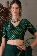 Majesty Dark Green Ajrakh Printed Semi Modal Silk Saree With Outstanding Blouse Piece