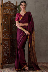 Beleaguer Wine Ajrakh Printed Semi Modal Silk Saree With Skinny Blouse Piece