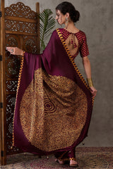 Beleaguer Wine Ajrakh Printed Semi Modal Silk Saree With Skinny Blouse Piece