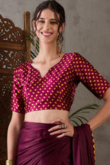 Beleaguer Wine Ajrakh Printed Semi Modal Silk Saree With Skinny Blouse Piece