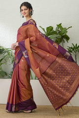 Devastating Brown Pure Zari Weaving Banarasi Silk Saree With Desuetude Blouse Piece