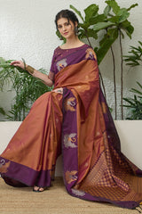 Devastating Brown Pure Zari Weaving Banarasi Silk Saree With Desuetude Blouse Piece