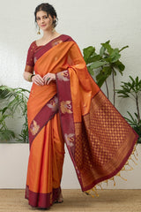 Supernal Orange Pure Zari Weaving Banarasi Silk Saree With Evocative Blouse Piece