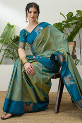 Precious Sea Green Pure Zari Weaving Banarasi Silk Saree With Unequalled Blouse Piece