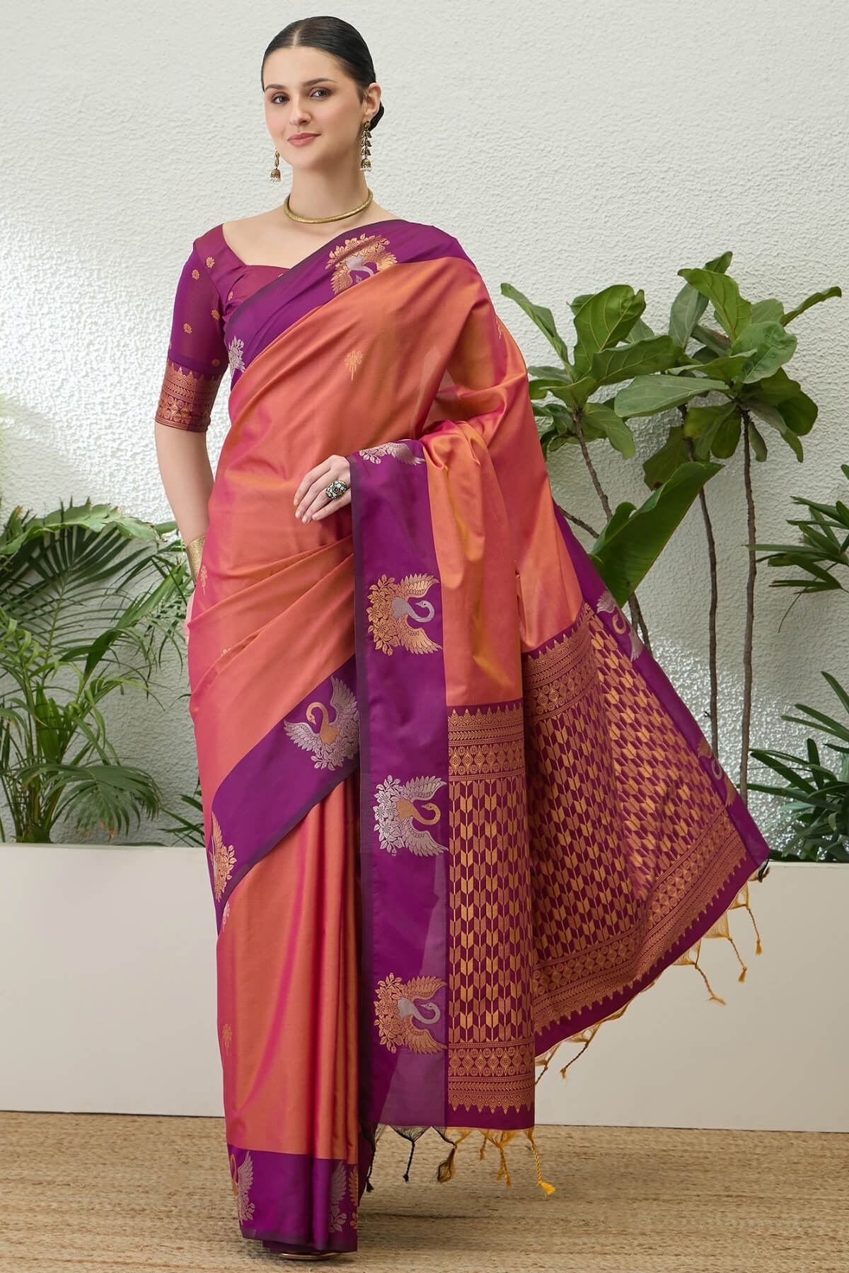 Elaborate Pink Pure Zari Weaving Banarasi Silk Saree With Innovative Blouse Piece