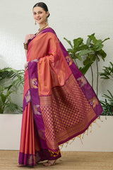 Elaborate Pink Pure Zari Weaving Banarasi Silk Saree With Innovative Blouse Piece