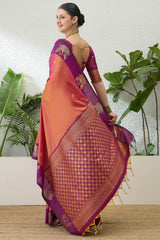 Elaborate Pink Pure Zari Weaving Banarasi Silk Saree With Innovative Blouse Piece