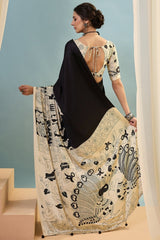 Mesmerising Black Ajrakh Printed Semi Modal Silk Saree With Unequalled Blouse Piece