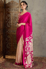 Enigmatic Magenta Digital Printed Satin Silk Saree With Skinny Blouse Piece