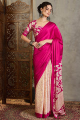 Enigmatic Magenta Digital Printed Satin Silk Saree With Skinny Blouse Piece