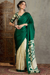 Sempiternal Dark Green Digital Printed Satin Silk Saree With Inimitable Blouse Piece