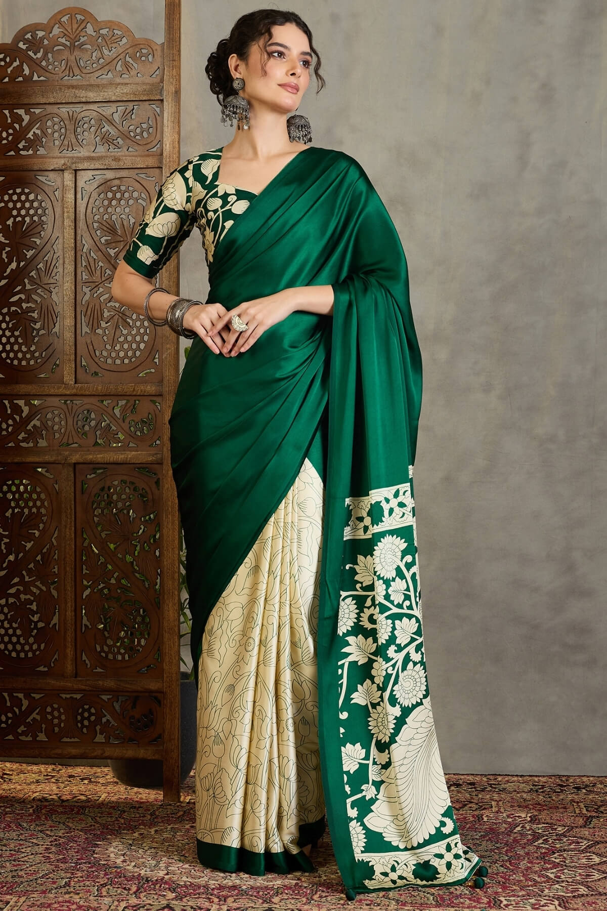 Sempiternal Dark Green Digital Printed Satin Silk Saree With Inimitable Blouse Piece