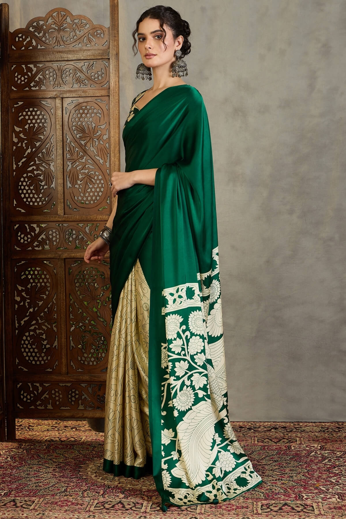 Sempiternal Dark Green Digital Printed Satin Silk Saree With Inimitable Blouse Piece
