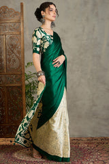 Sempiternal Dark Green Digital Printed Satin Silk Saree With Inimitable Blouse Piece