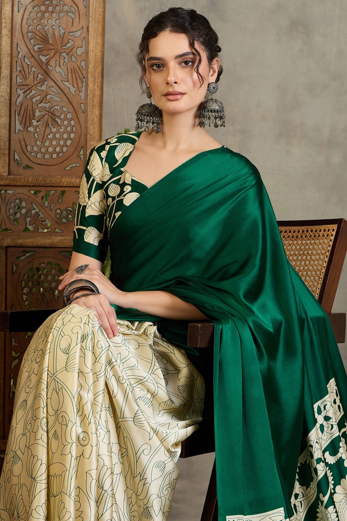 Sempiternal Dark Green Digital Printed Satin Silk Saree With Inimitable Blouse Piece