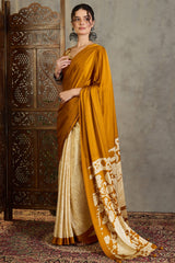 Effulgent Mustard Digital Printed Satin Silk Saree With Pleasant Blouse Piece