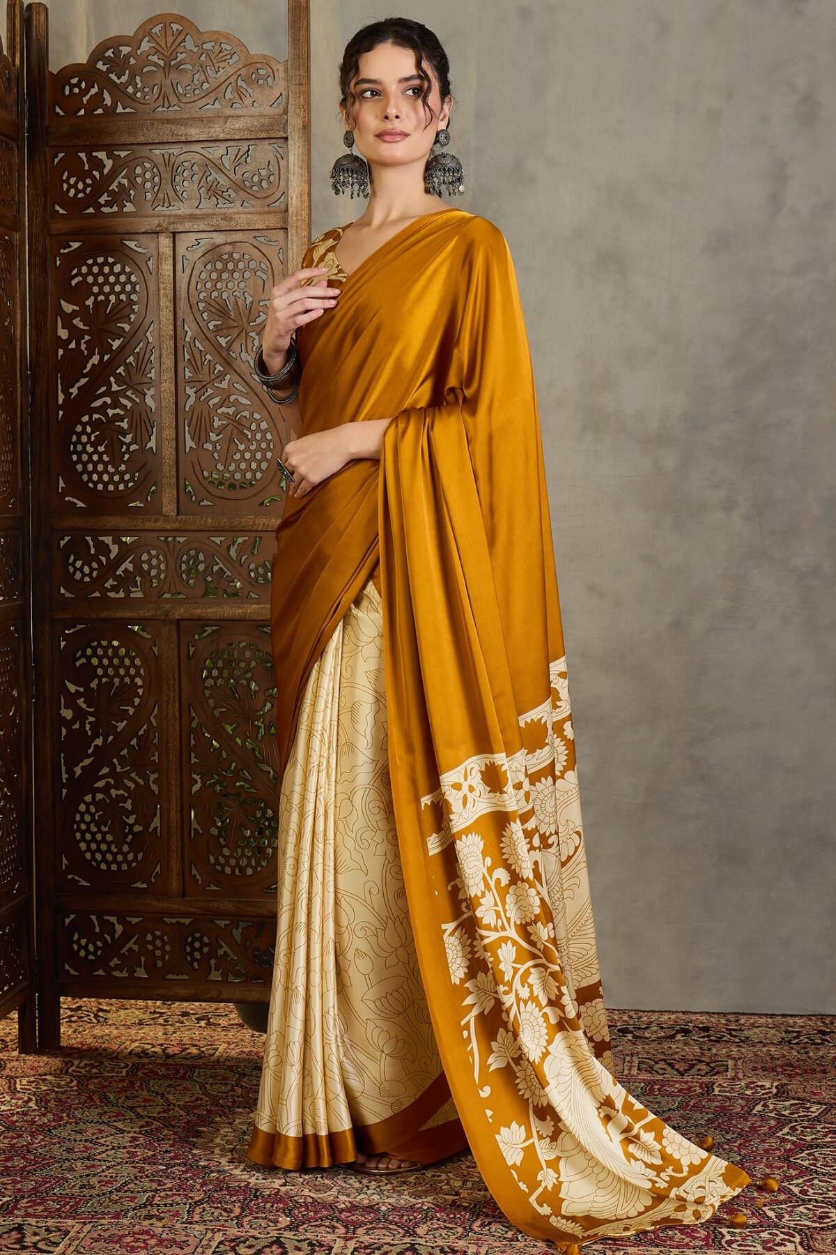 Effulgent Mustard Digital Printed Satin Silk Saree With Pleasant Blouse Piece