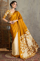 Effulgent Mustard Digital Printed Satin Silk Saree With Pleasant Blouse Piece