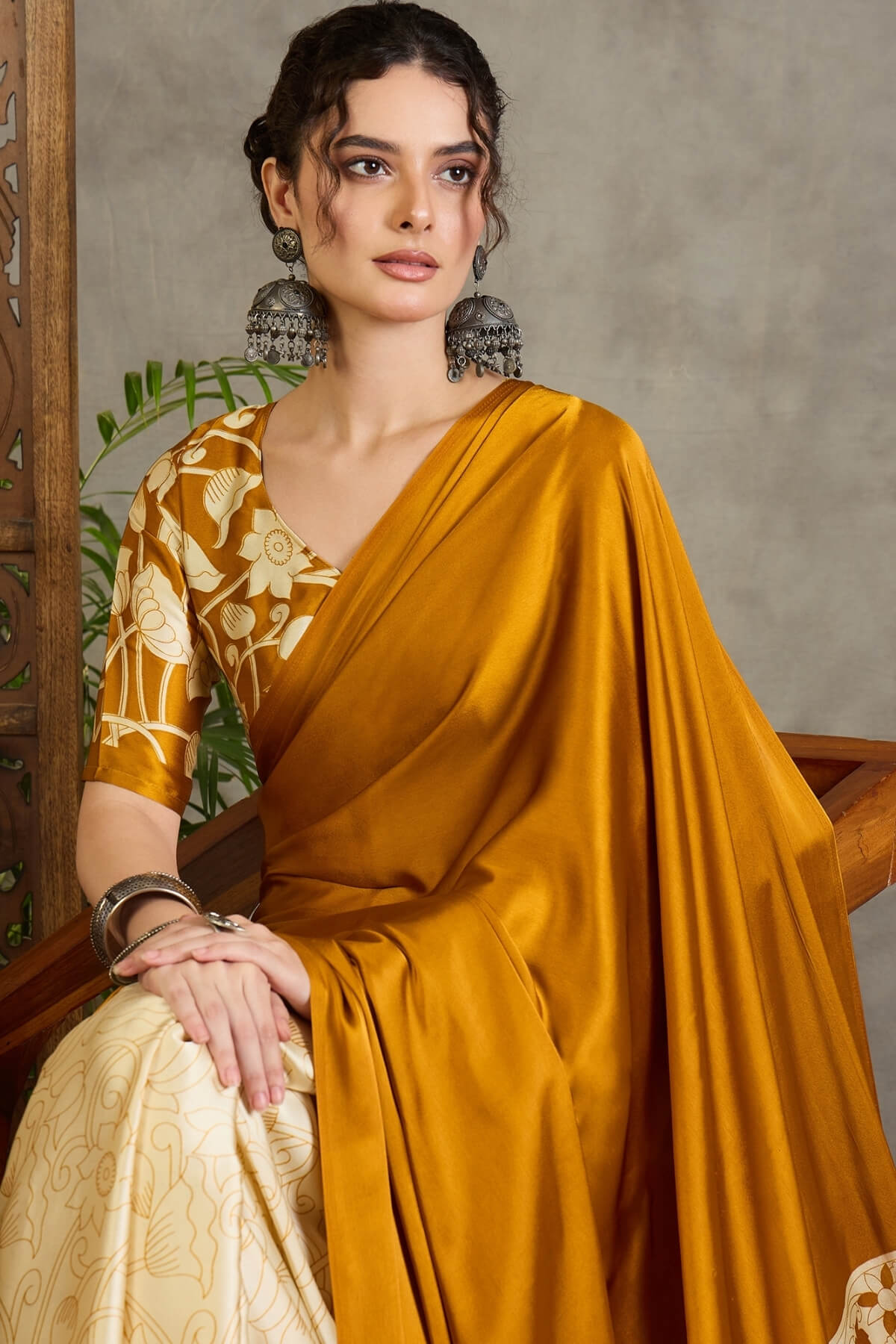 Effulgent Mustard Digital Printed Satin Silk Saree With Pleasant Blouse Piece