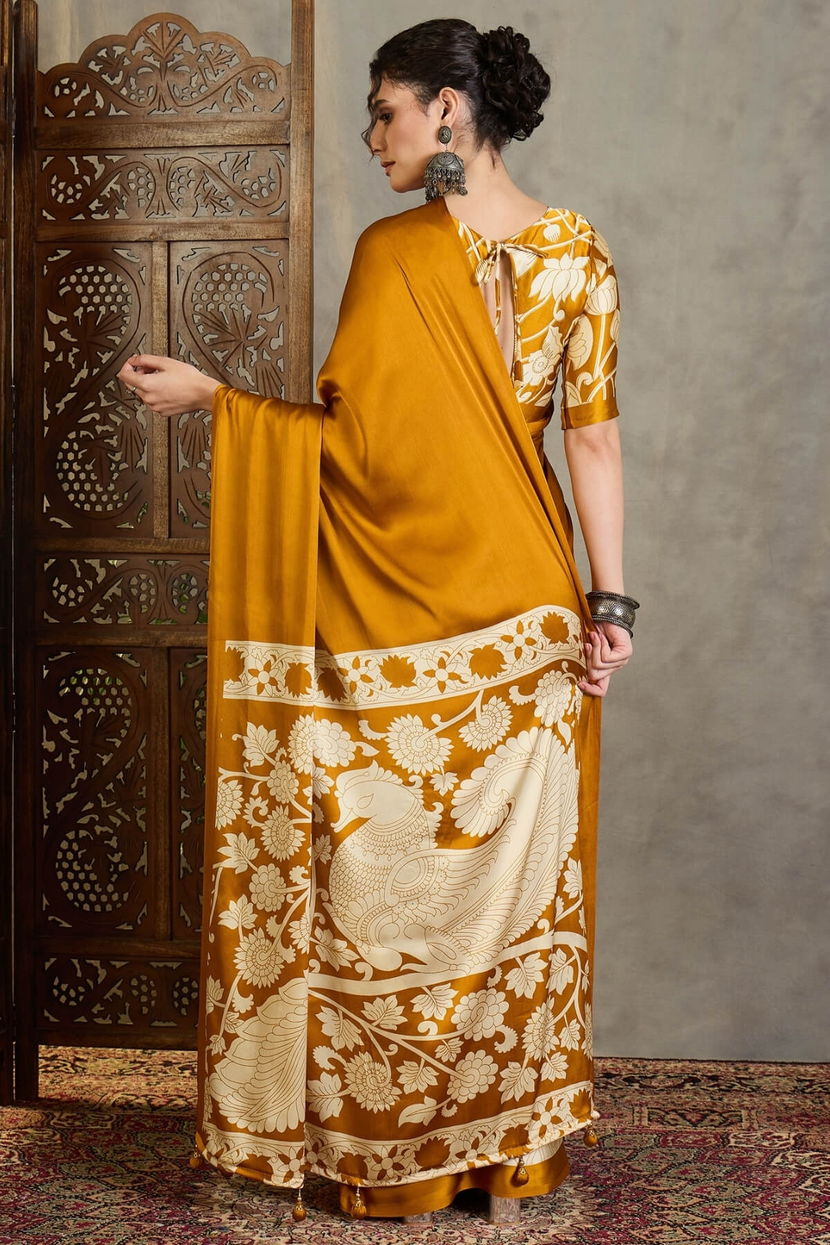 Effulgent Mustard Digital Printed Satin Silk Saree With Pleasant Blouse Piece