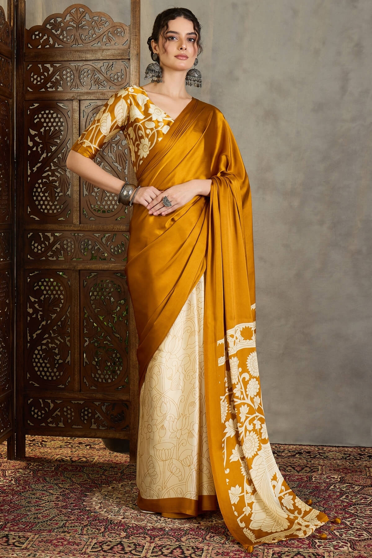 Effulgent Mustard Digital Printed Satin Silk Saree With Pleasant Blouse Piece