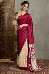 Stunning Wine Digital Printed Satin Silk Saree With Pleasurable Blouse Piece