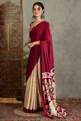 Stunning Wine Digital Printed Satin Silk Saree With Pleasurable Blouse Piece