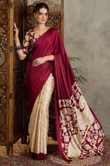 Stunning Wine Digital Printed Satin Silk Saree With Pleasurable Blouse Piece