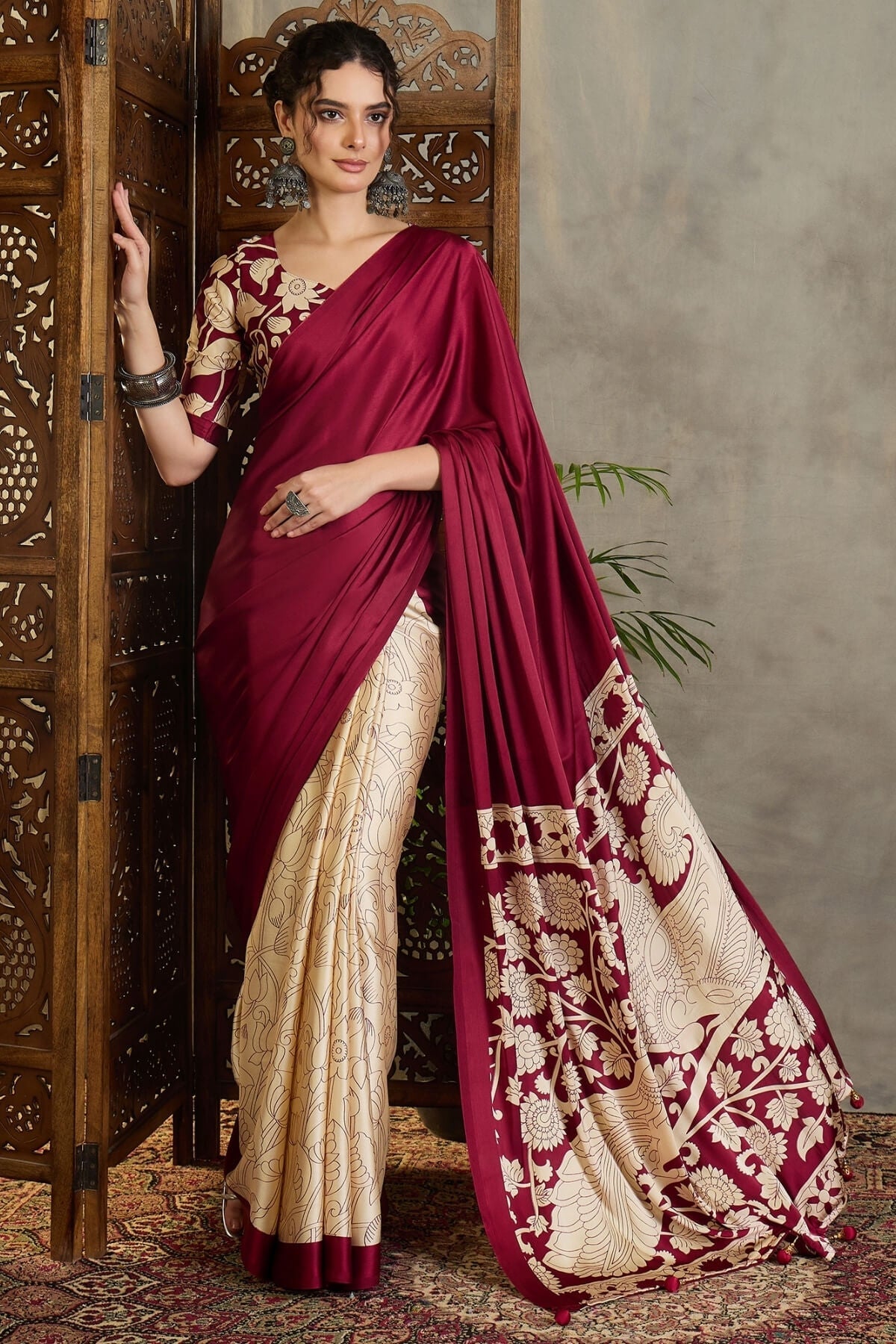 Stunning Wine Digital Printed Satin Silk Saree With Pleasurable Blouse Piece