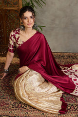 Stunning Wine Digital Printed Satin Silk Saree With Pleasurable Blouse Piece