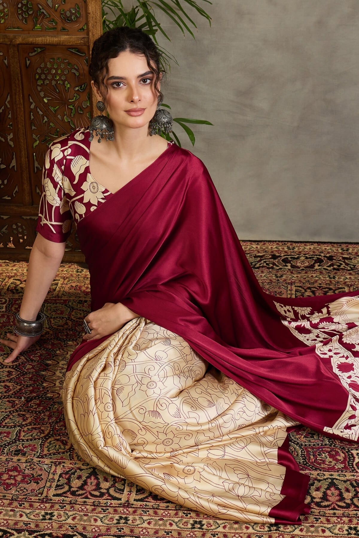 Stunning Wine Digital Printed Satin Silk Saree With Pleasurable Blouse Piece