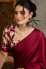 Stunning Wine Digital Printed Satin Silk Saree With Pleasurable Blouse Piece