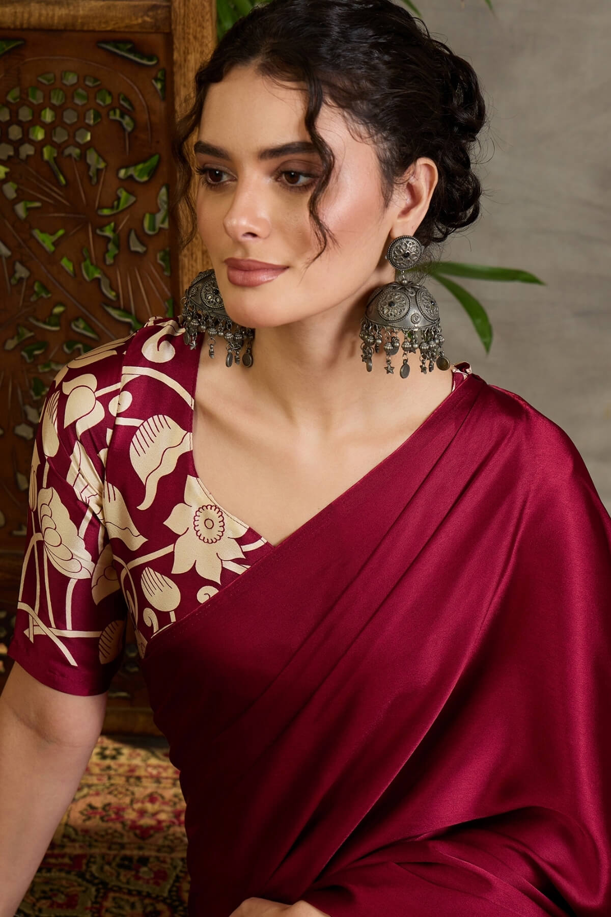 Stunning Wine Digital Printed Satin Silk Saree With Pleasurable Blouse Piece