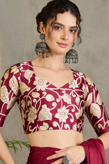Stunning Wine Digital Printed Satin Silk Saree With Pleasurable Blouse Piece